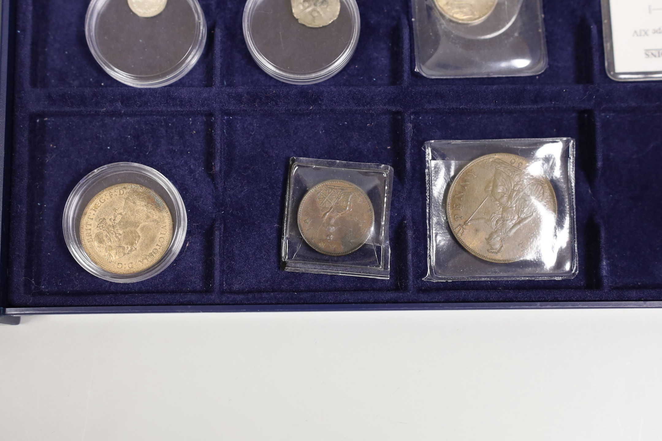 George V penny 1930, UNC, Victoria halfpenny 1887, lustrous UNC, George III farthing 1806, about EF, George IV silver 1d, UNC, Charles I shilling, Elizabeth I threepence, William III sixpence 1696 and other coins (10)